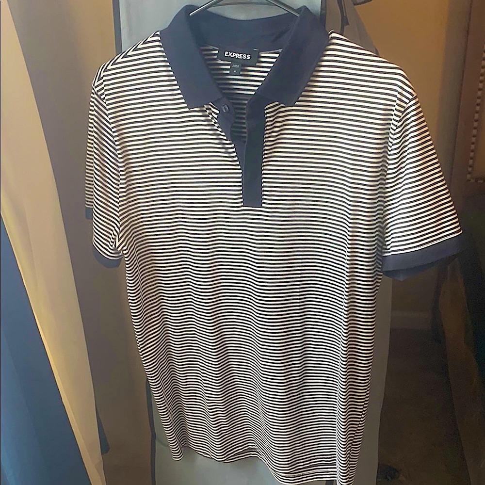 Express Black and White Striped Polo Shirt